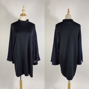 ZARA Crochet Super Wide Long Sleeve Mock Neck Black Shift Dress Womens Medium